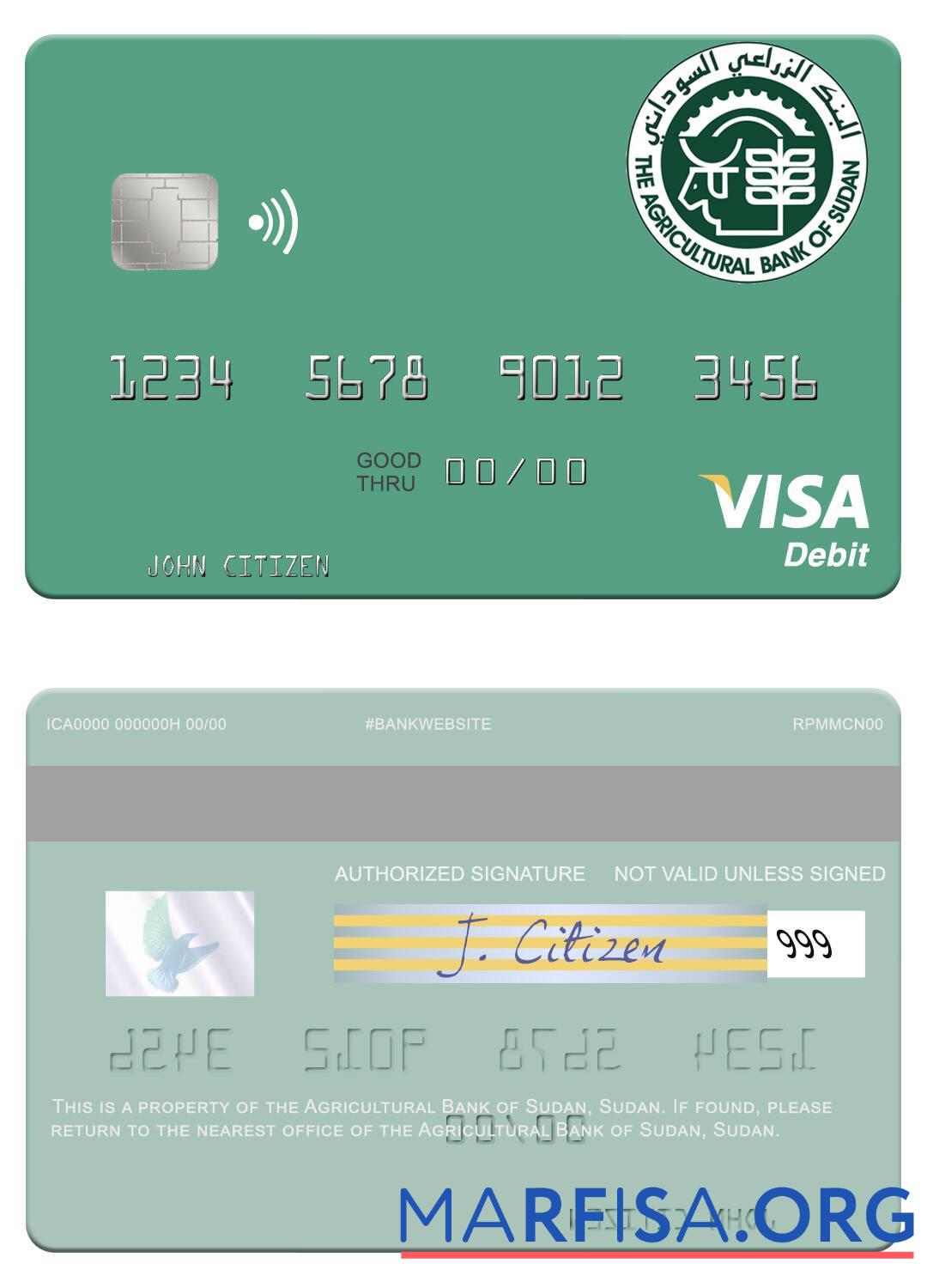 Downloadable Sudan The Agricultural Bank of Sudan visa debit card download for verification